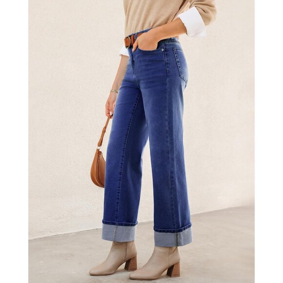 Wide Leg Denim Jeans Women High Waisted Cuffed Stretchy Casual Pants - Picture 3 of 6